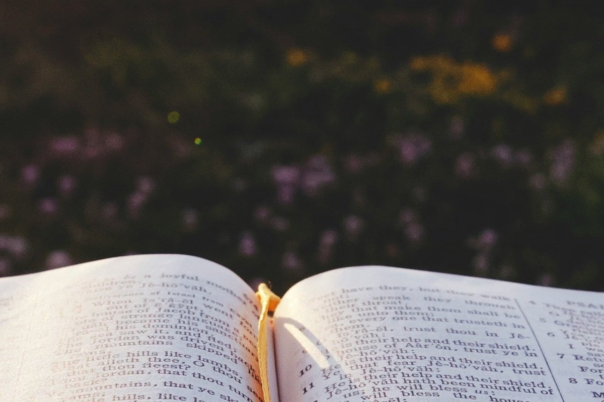 Bible ouverte éclairée par la lumière du soleil