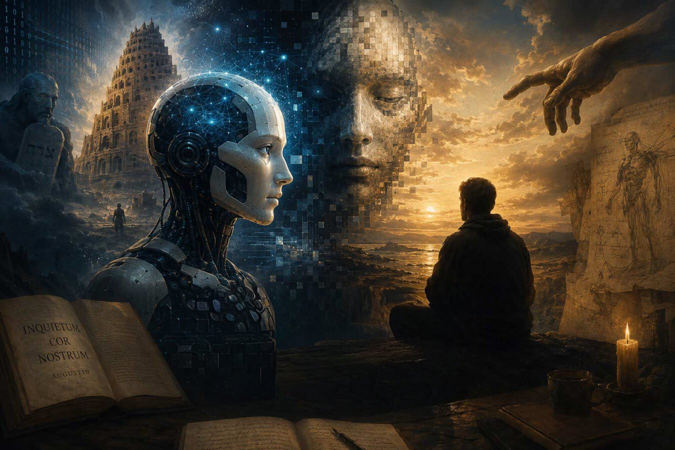 Illustration mêlant robot pensant, tour de Babel, main de la création et Homme de Vitruve
